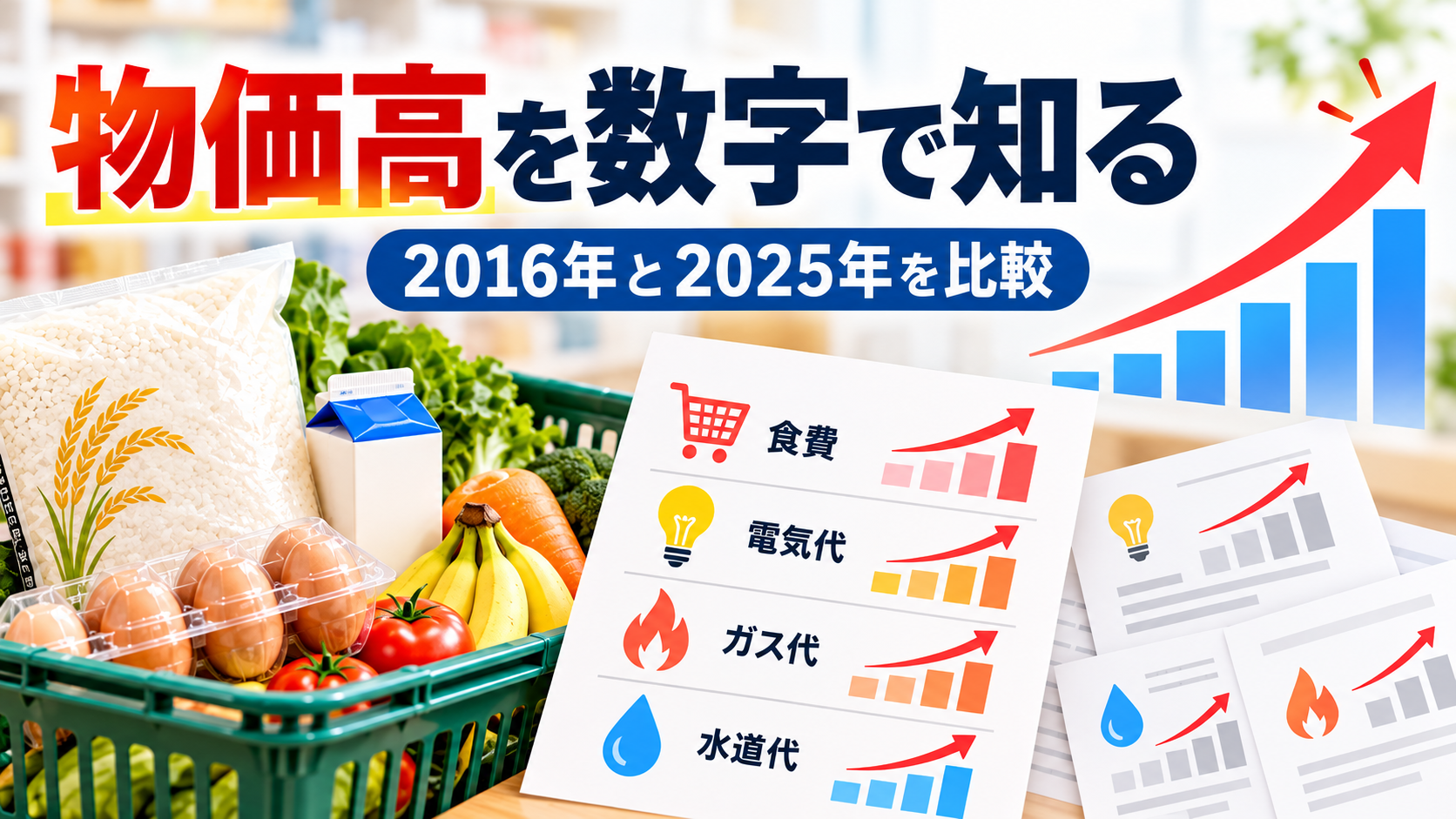 2016年と2025年の物価比較。食料品や生活費の値上がりを表現した画像